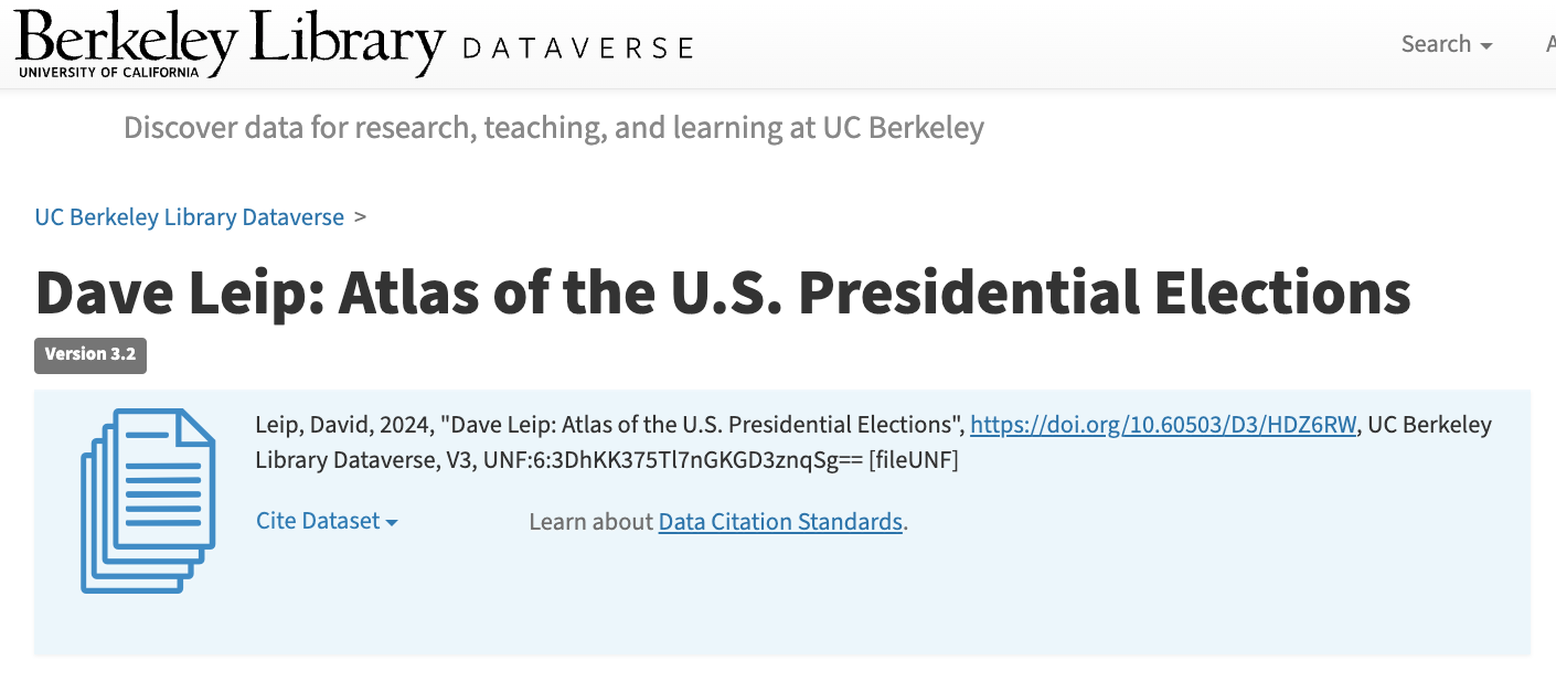 Landing page of Leip 2024 Atlas of US Presidential Elections dataset