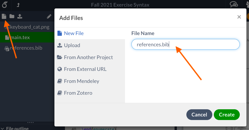 Overleaf document menu highlighting create new file