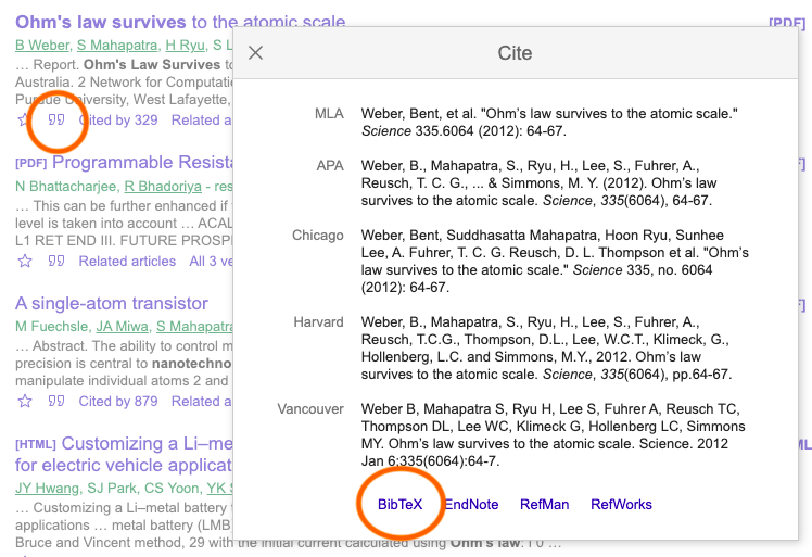 Google Scholar cite menu screenshot